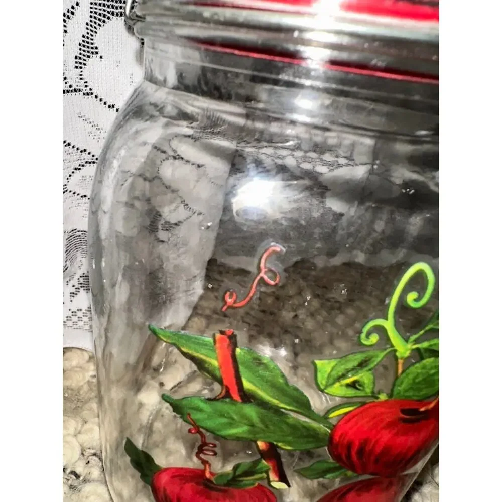 Glass Apple Canister Jar Red Clamp Lid Hand Painted Country Kitchen